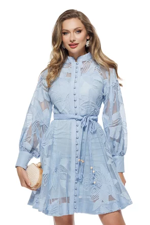 Rochie eleganta bohemian  bleu din dantela brodata nasturi perla si cordon