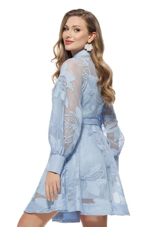 Rochie eleganta bohemian  bleu din dantela brodata nasturi perla si cordon