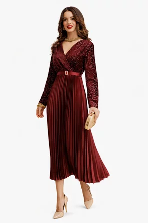 Rochie eleganta  burgundy de ocazie cu bust de catifea cu paiete si fusta plisata din saten