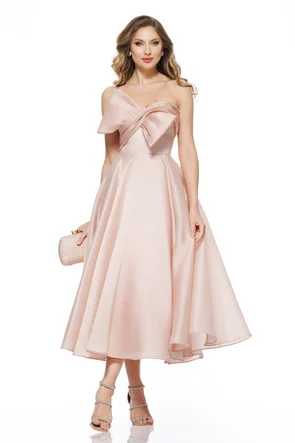 Rochie eleganta de lux din organza roz cu corset reglabil si funda maxi cu cristale