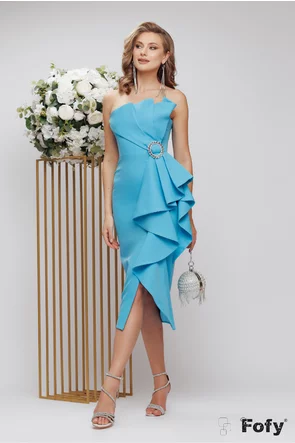 Rochie eleganta de ocazie bleu celest cu corset buretat si catarama cu cristale
