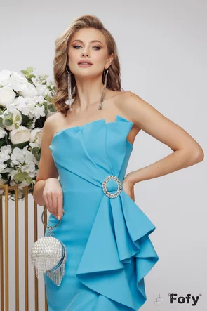 Rochie eleganta de ocazie bleu celest cu corset buretat si catarama cu cristale