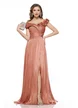 Rochie eleganta de ocazie de LUX roz cupru din voal cu reflexe diafane bust buretat fronseuri si flori