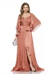Rochie eleganta de ocazie de LUX roz cupru din voal cu reflexe diafane bust cu fronseuri si maneci cu volane