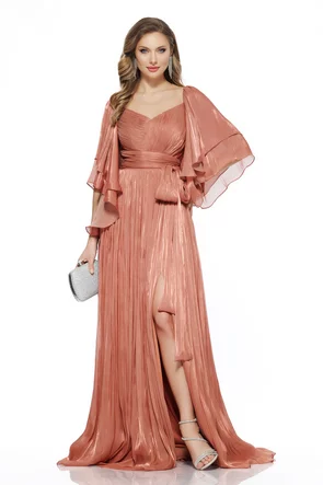 Rochie eleganta de ocazie de LUX roz cupru din voal cu reflexe diafane bust cu fronseuri si maneci cu volane