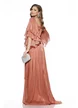 Rochie eleganta de ocazie de LUX roz cupru din voal cu reflexe diafane bust cu fronseuri si maneci cu volane