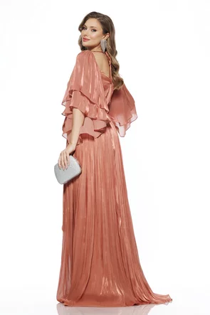 Rochie eleganta de ocazie de LUX roz cupru din voal cu reflexe diafane bust cu fronseuri si maneci cu volane