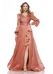Rochie eleganta de ocazie de LUX roz cupru din voal cu reflexe diafane fronseuri si volan spiralat