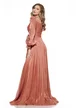 Rochie eleganta de ocazie de LUX roz cupru din voal cu reflexe diafane fronseuri si volan spiralat
