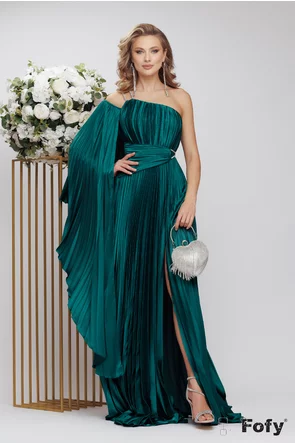 Rochie eleganta de ocazie de LUX verde din tafta plisata cu corset buretat si aplicatii de strassuri