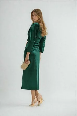 Rochie eleganta de ocazie din catifea premium verde croi petrecut cu accesoriu metalic auriu