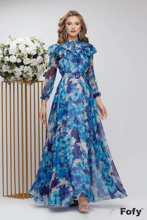 Rochie eleganta de ocazie lunga de LUX din voal fin imprimeu floral si margele