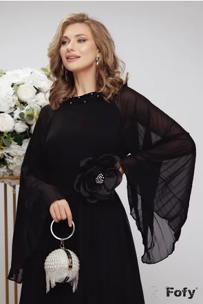 Rochie eleganta de ocazie lunga de LUX din voal plisat negru aplicaii de  cristale si centura cu floare din organza