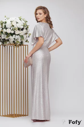 Rochie eleganta de ocazie lunga din lurex elastic argintiu delicat cu strasuri