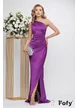 Rochie eleganta de ocazie lunga pe un umar mov cu fronseuri in talie si fusta petecuta