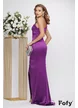 Rochie eleganta de ocazie lunga pe un umar mov cu fronseuri in talie si fusta petecuta