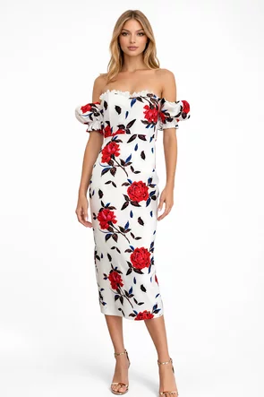 Rochie eleganta decoltata alba cu trandafiri rosii si maneci bufante detasabile