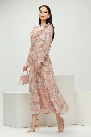 Rochie eleganta diafana din voal imprimeu floral fusta plisata si curea