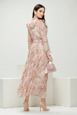 Rochie eleganta diafana din voal imprimeu floral fusta plisata si curea