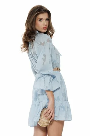 Rochie eleganta din jackard baby blue usor satinat cu volane si curea