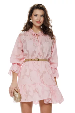 Rochie eleganta din jackard roz usor satinat cu volane si curea