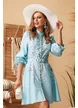 Rochie eleganta din organza cu imprimeu floral bleu si nasturi bijuterie
