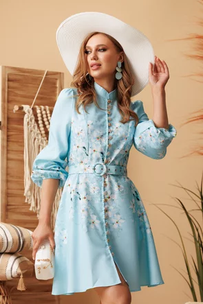 Rochie eleganta din organza cu imprimeu floral bleu si nasturi bijuterie