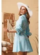 Rochie eleganta din organza cu imprimeu floral bleu si nasturi bijuterie