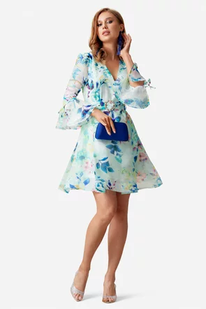 Rochie eleganta din organza cu imprimeu floral decolteu petrecut  verde