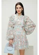 Rochie eleganta din organza diafana imprimeu floral bleu cu aplicatii brodate