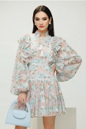 Rochie eleganta din organza diafana imprimeu floral bleu cu aplicatii brodate