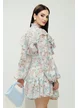 Rochie eleganta din organza diafana imprimeu floral bleu cu aplicatii brodate
