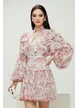 Rochie eleganta din organza diafana imprimeu floral roz cu aplicatii brodate