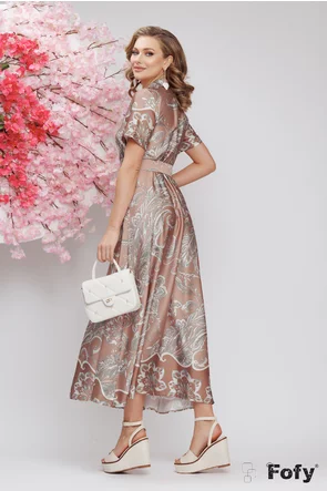 Rochie eleganta din satin stil camasa imprimeu floral bej curea in ton