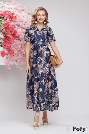 Rochie eleganta din satin stil camasa imprimeu floral bleumarin curea in ton