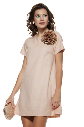Rochie eleganta din stofa premium in carouri roz cu roz fundita la spate si brosa detasabila