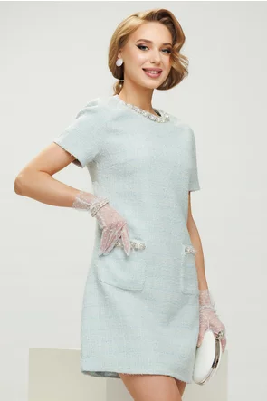 Rochie eleganta din tweed bleu premium cu buzunare aplicate si contururi din perle paiete si cristale
