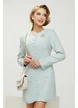 Rochie eleganta din tweed bleu premium cu buzunare aplicate si nasuri imbracati