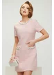 Rochie eleganta din tweed roz premium cu buzunare aplicate si contururi din perle paiete si cristale