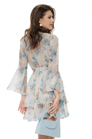 Rochie eleganta din voal matasos baby blue imprimeu floral cu volanane suprapuse