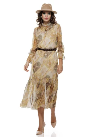 Rochie eleganta din voal matasos galben cu volane si imprimeu paisley