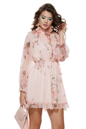 Rochie eleganta din voal matasos roz imprimeu floral cu volanase romantice