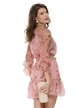 Rochie eleganta din voal matasos roz imprimeu floral cu volane romantice si curea
