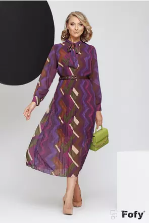 Rochie eleganta din voal plisat imprimeu tomnatic mov cu centura