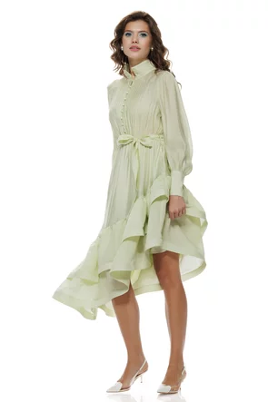 Rochie eleganta fistic din organza premium fusta asimetrica cu volane intarite