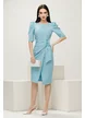 Rochie eleganta Fofy bleu usor elastica cu fusta petrecuta si nod stilizat