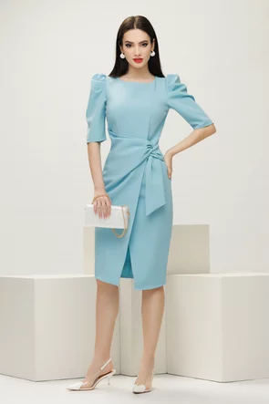 Rochie eleganta Fofy bleu usor elastica cu fusta petrecuta si nod stilizat