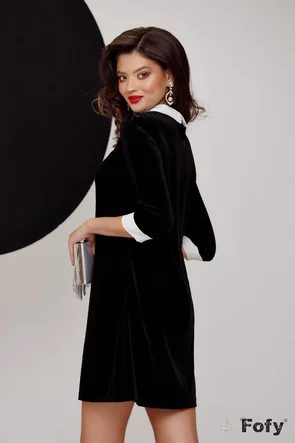 Rochie eleganta Fofy croi in A din catifea neagra cu guler alb si brosa inclusa