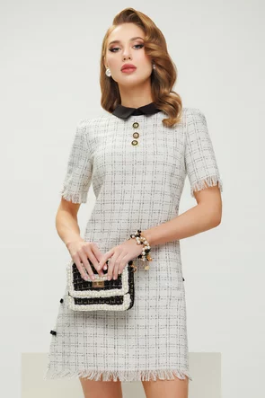 Rochie eleganta Fofy din tweed alb premium in carouri cu fundite laterale si nasturi decorativi