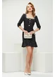 Rochie eleganta Fofy din tweed negru premium cu decolteu patrat si nasturi bijuterie
